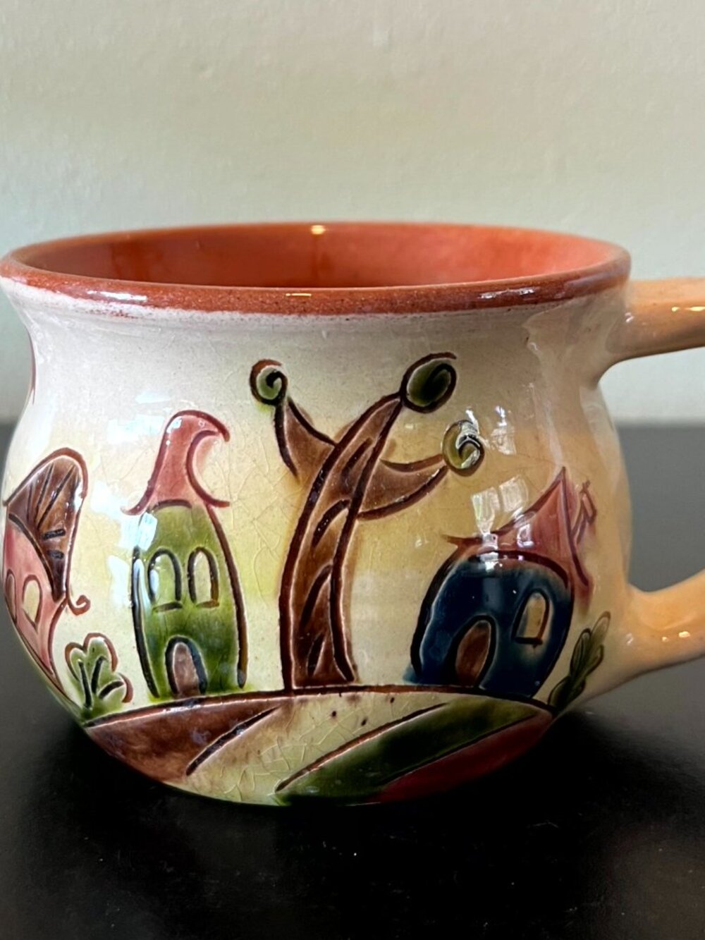 Vintage Artisan Terracotta Mug Whimsical Storybook Village Signed Pottery 15oz